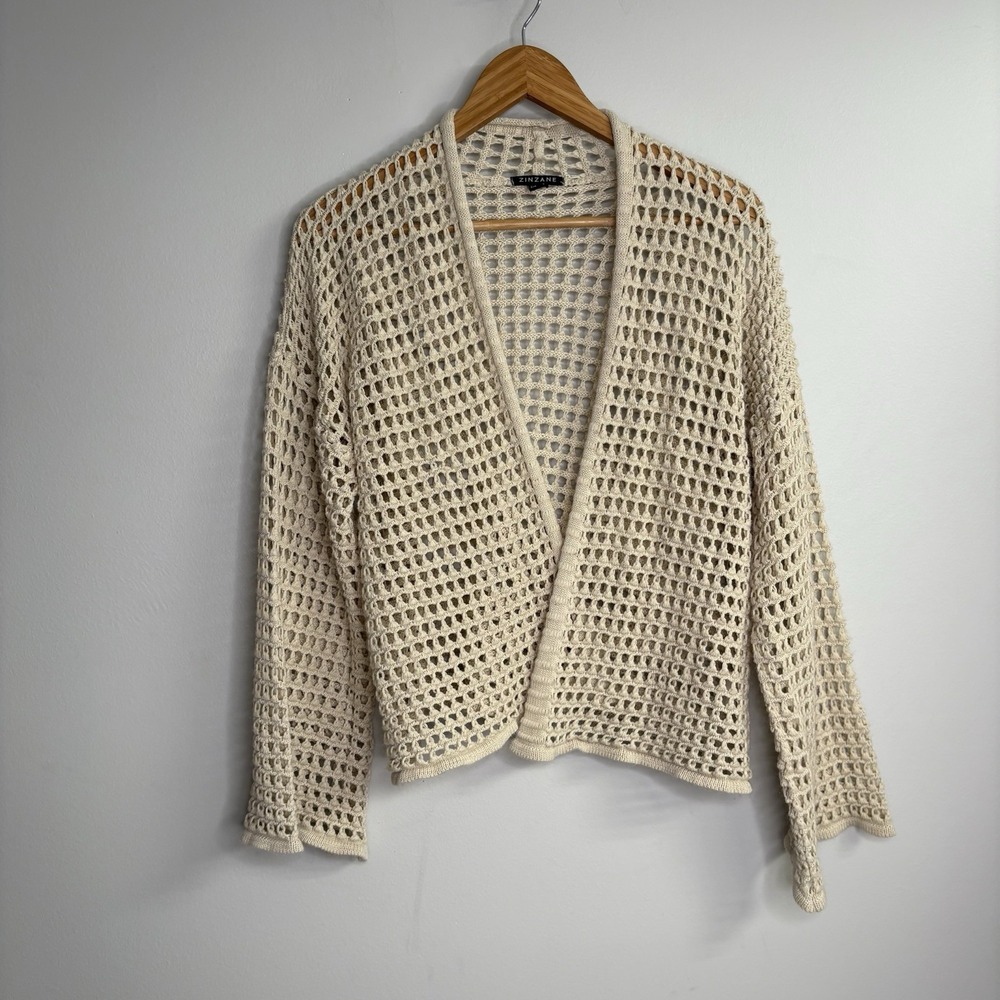 Zinzane Womens Cardigan Large Beige Open Front Knit Crochet Beachy Boho Coastal